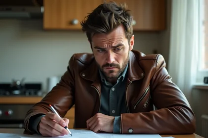 Homme étudiant les coûts du permis moto sans code avec des documents et une calculatrice sur une table