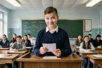 Jeune délégué de collège souriant derrière un pupitre en bois lors d'un discours humoristique devant sa classe