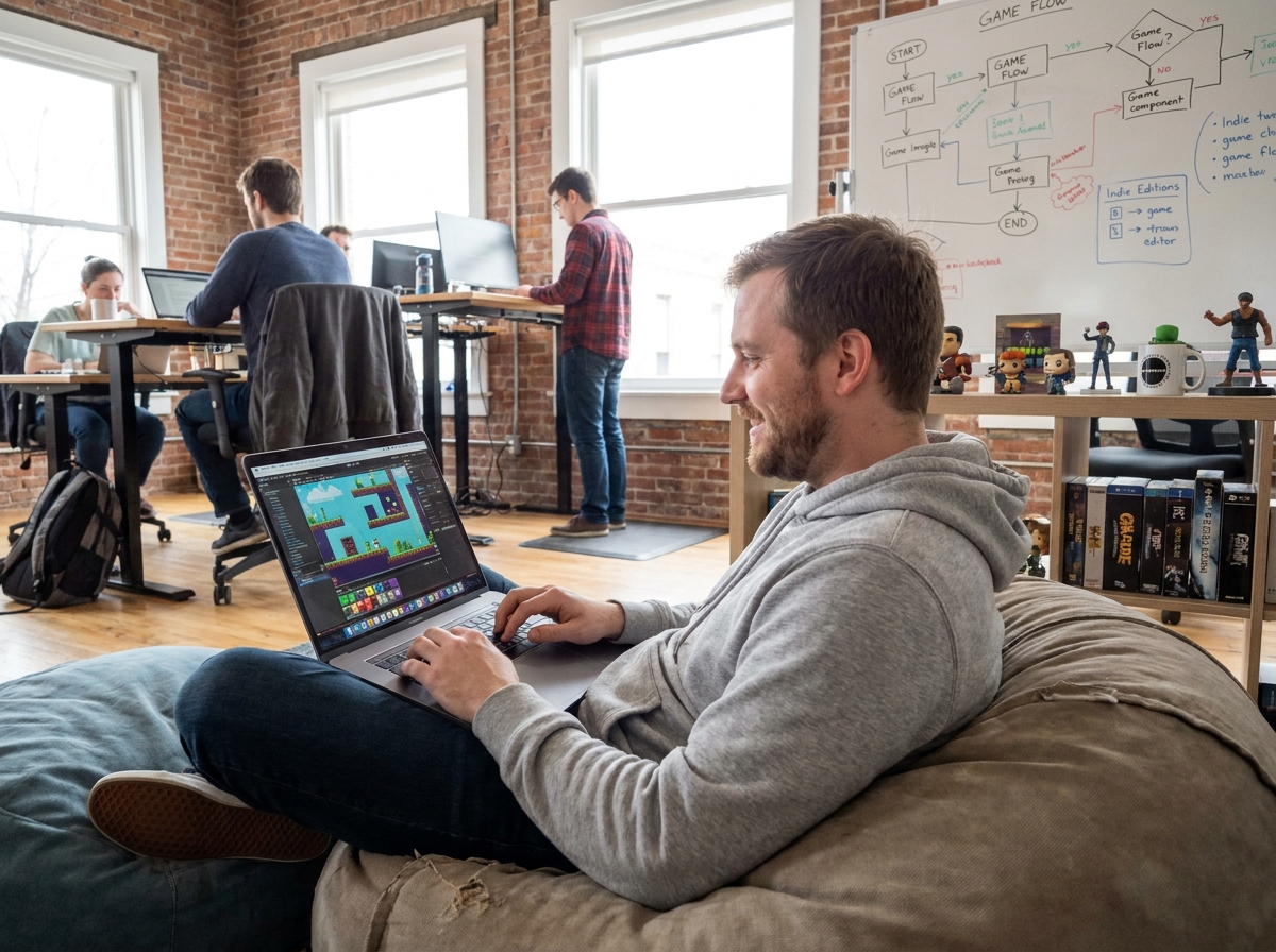 Développeur autodidacte de jeux vidéo travaillant dans un espace de coworking avec un éditeur de niveaux 2D ouvert sur son ordinateur portable