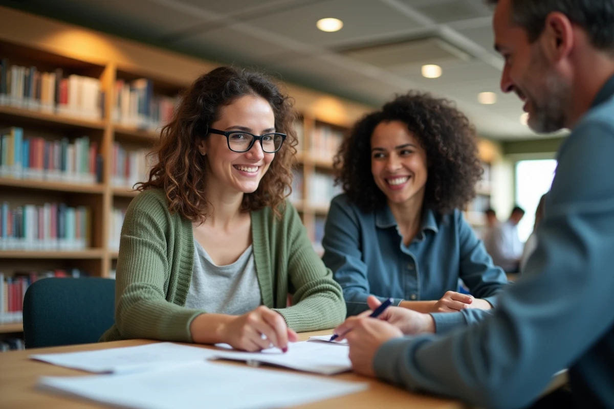 Jeune femme discutant des questions de naturalisation avec un conseiller dans une bibliothèque municipale française