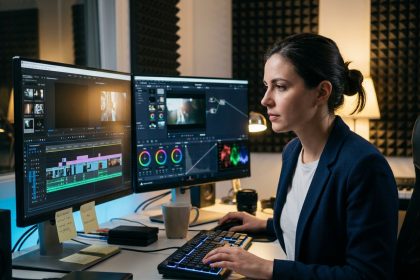 Jeune diplômée en formation audiovisuelle travaillant sur un logiciel de montage vidéo professionnel dans un studio de post-production