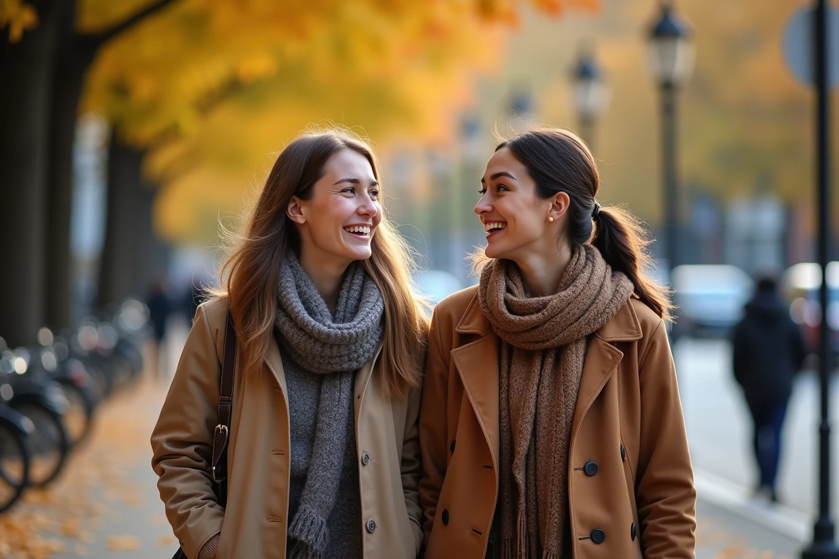 Deux femmes marchant et discutant dans une rue urbaine en automne, évoquant la fluidité des échanges verbaux et non-verbaux dans les relations transformées par les approches VAKOG