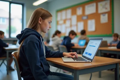 Élève de collège connectée à l'ENT depuis un ordinateur portable en classe