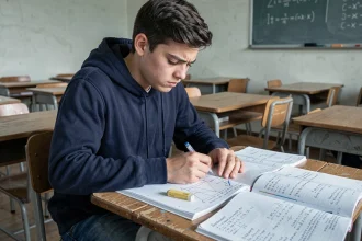 Élève en train de corriger des erreurs sur des formules trigonométriques sin et cos dans un cahier de mathématiques en classe