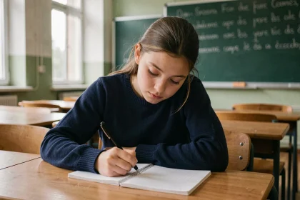 Élève concentrée écrivant une dictée sur le passé simple du verbe manger dans une salle de classe