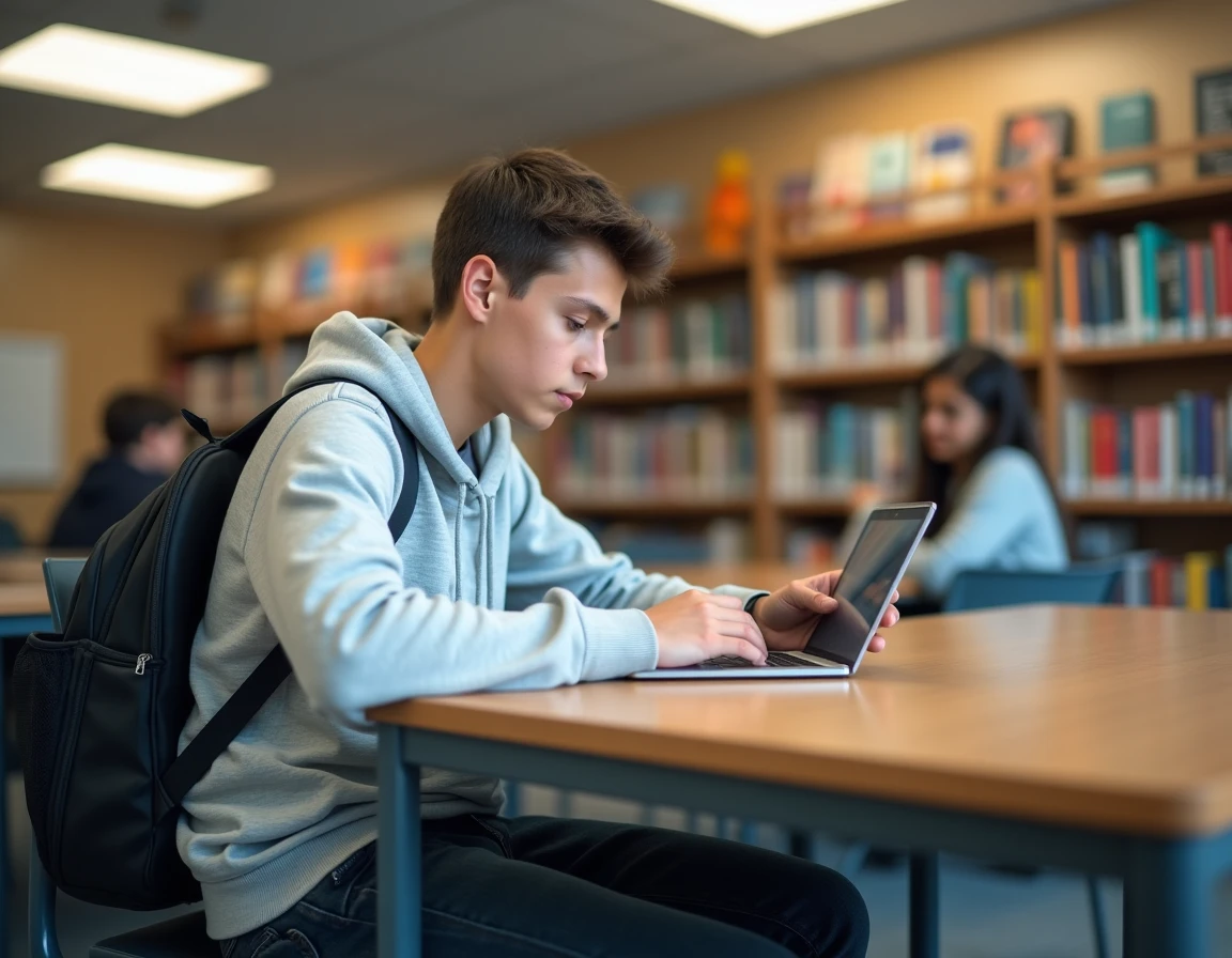 Élève lycéen consultant et répondant à un message sur la messagerie ENT depuis une tablette en bibliothèque