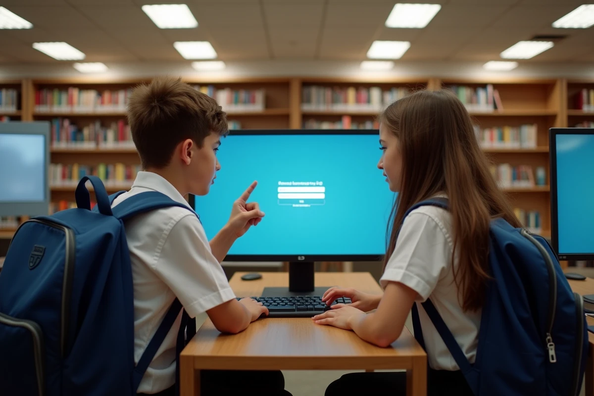 Deux élèves de collège se connectant à l'ENT ensemble au CDI de leur établissement
