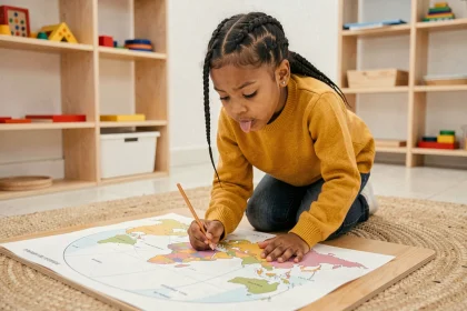 Jeune fille complétant un planisphère Montessori imprimé sur un tapis en classe, traçant les contours des continents au crayon