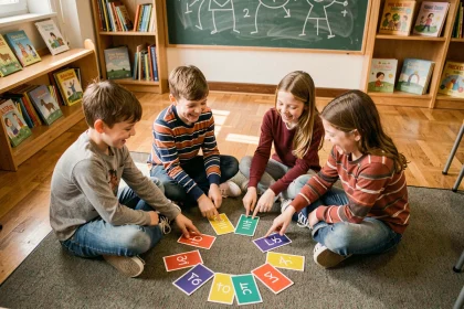 Groupe d'enfants jouant avec des cartes de multiplication sur le sol d'une salle de classe colorée