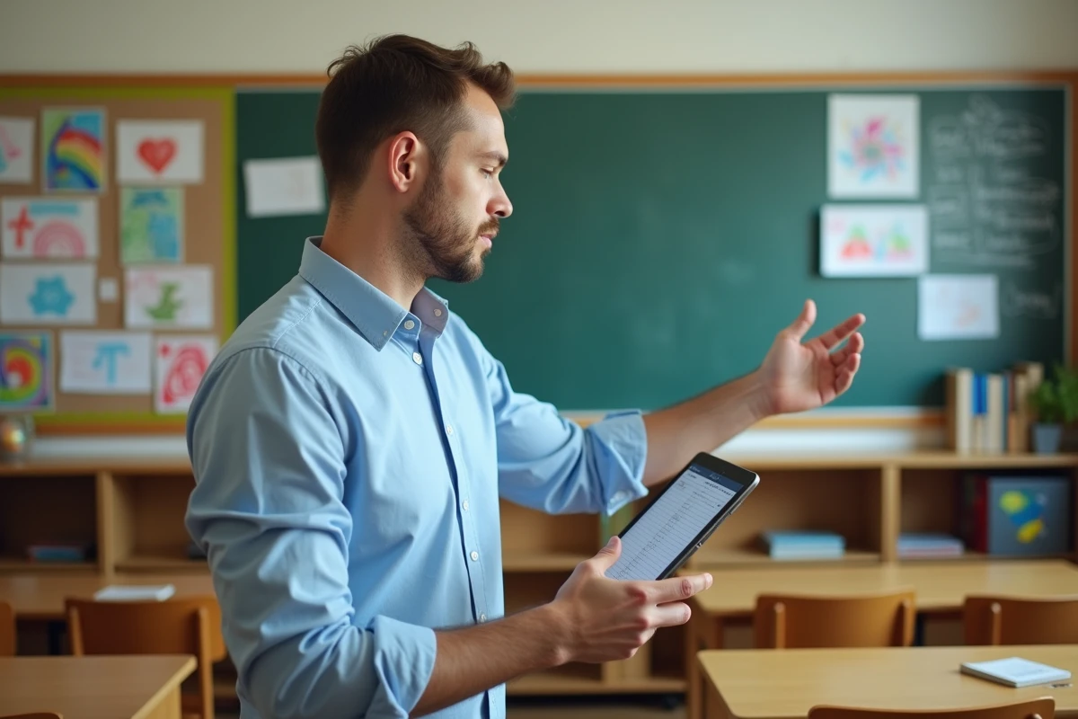 Enseignant pr&eacute;sentant le carnet de notes num&eacute;rique Entaix dans une salle de classe primaire