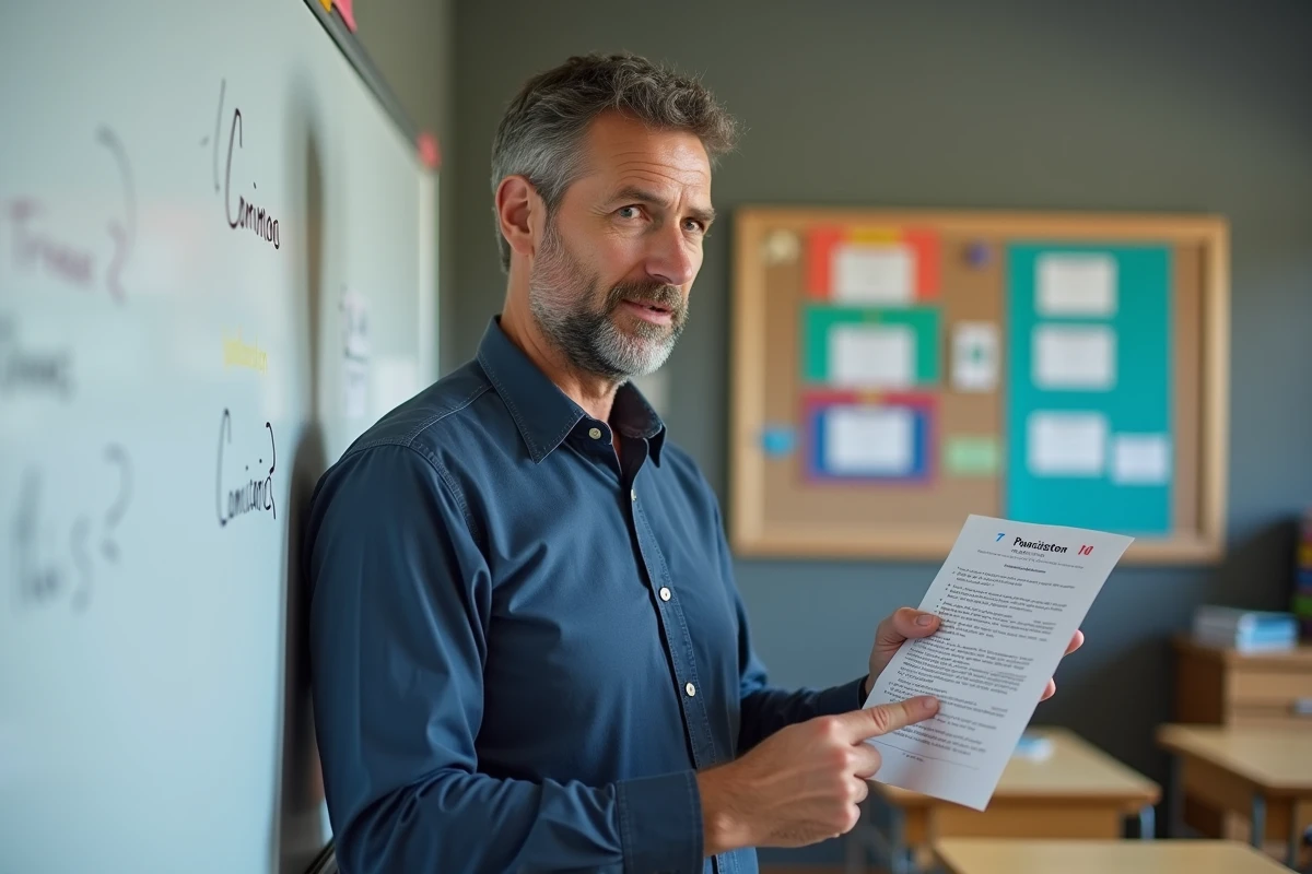 Enseignant présentant une fiche d'exercices de ponctuation imprimée en classe de primaire