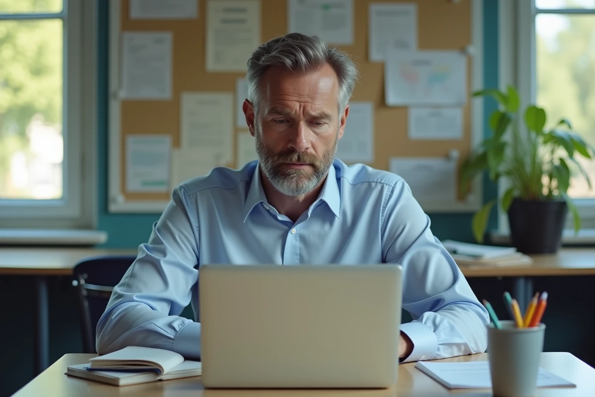 Enseignant au bureau étudiant avec ordinateur dans une salle de classe organisée