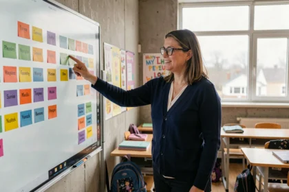 Enseignante pointant un tableau numérique affichant des groupes d'élèves colorés dans une salle de classe moderne