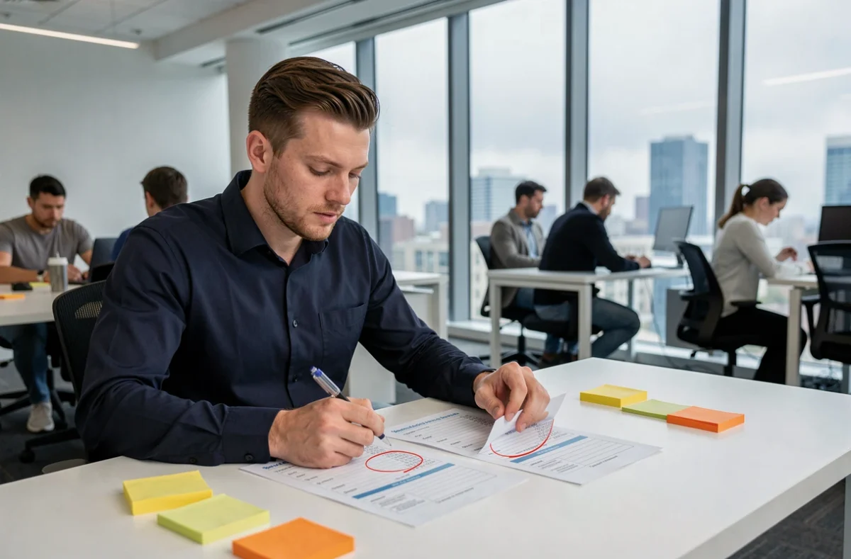 Homme en bureau moderne comparant des feuilles de réponses de tests psychotechniques corrigés avec des post-its
