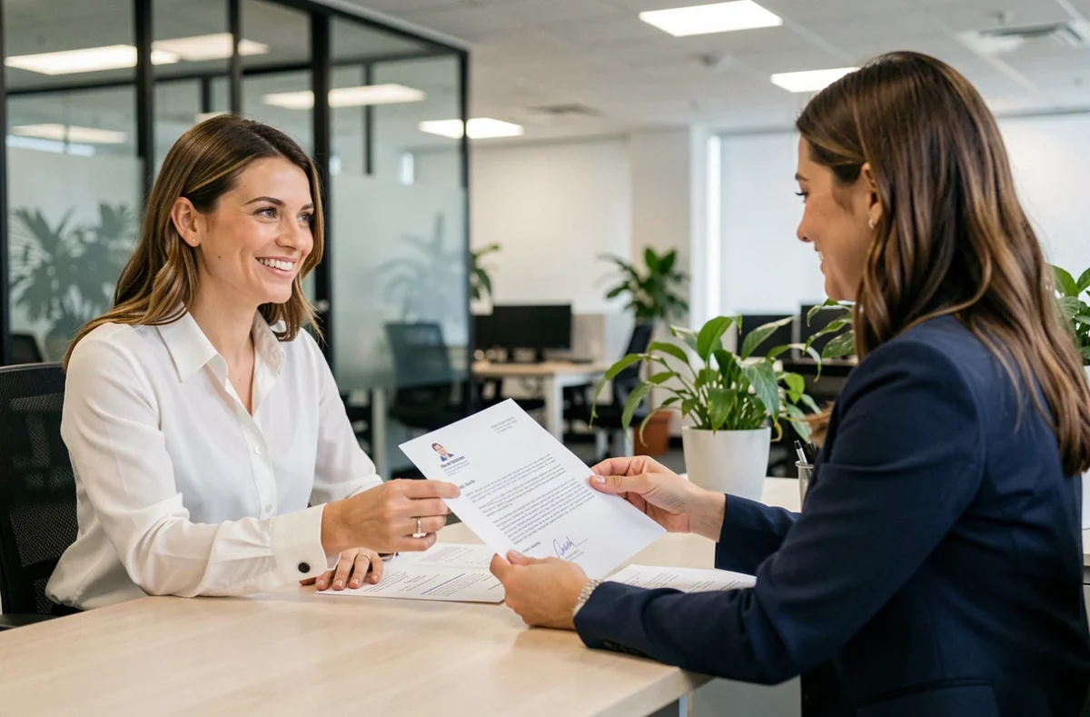 Candidate remettant sa lettre de motivation à une recruteuse lors d'un entretien pour une formation auxiliaire de puériculture