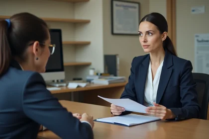 Femme candidate à la naturalisation en entretien naturel avec un agent administratif dans un bureau officiel français