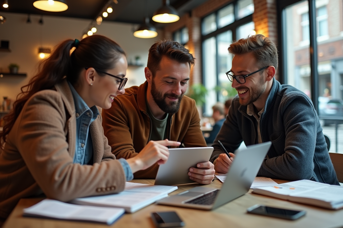 Groupe de trois personnes discutant autour d une table de café en ville