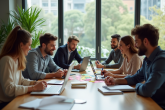 Groupe de professionnels collaborant dans un bureau lumineux