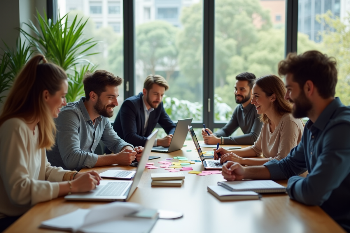 Groupe de professionnels collaborant dans un bureau lumineux