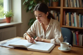 Jeune femme étudiant la conjugaison du verbe partir au présent dans un manuel de grammaire française ouvert sur un bureau en bois
