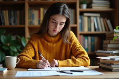 Jeune femme étudiant la déclinaison allemande avec des manuels de grammaire ouverts sur un bureau en bois