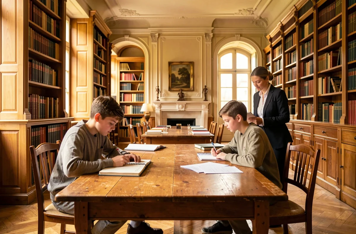 Salle d'étude classique avec deux adolescents et une superviseure dans une institution scolaire traditionnelle comme Étude La Fontaine