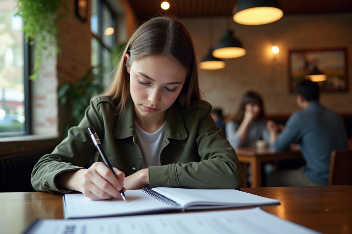 Étudiant prenant des notes dans un café avec contrat de stage