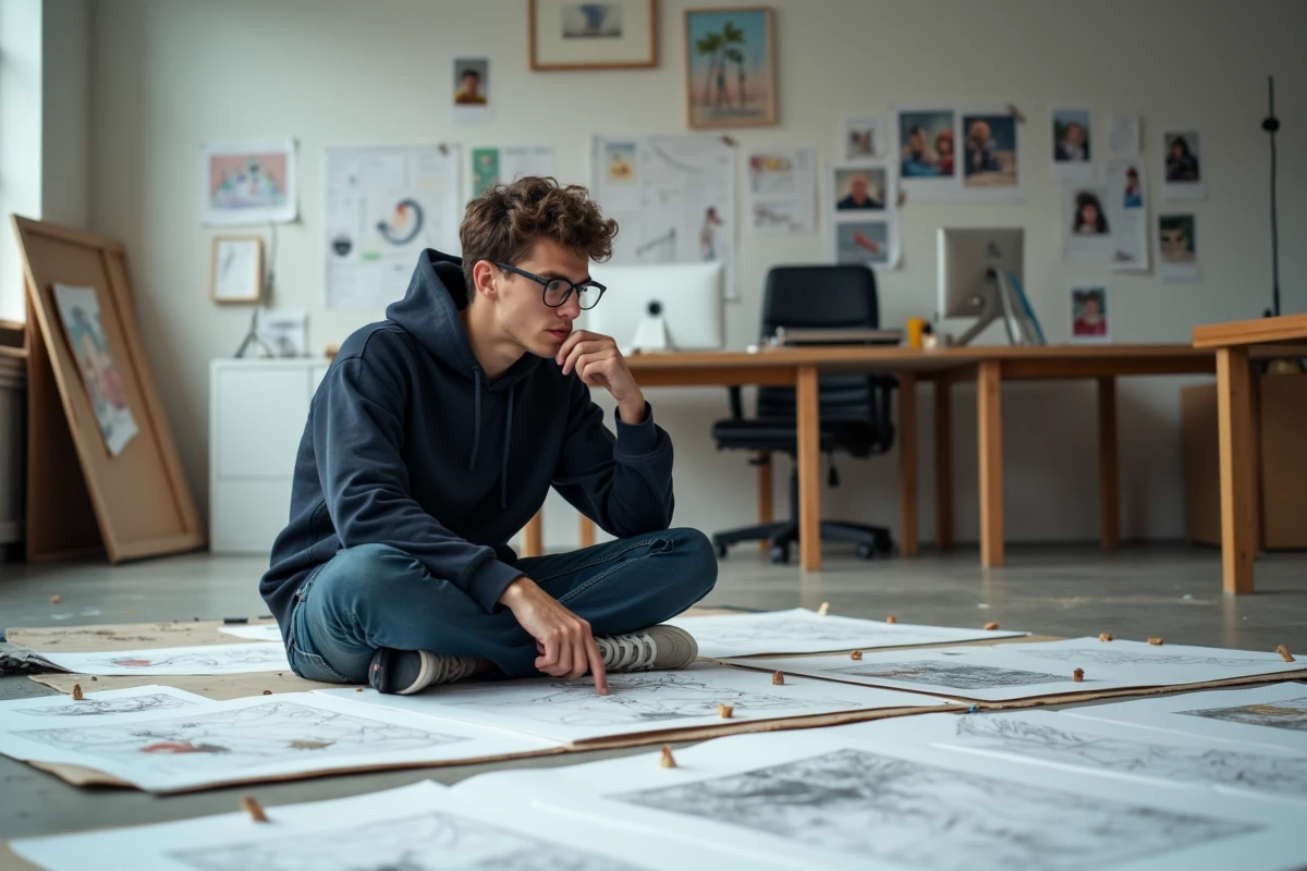 Étudiant en illustration révisant ses travaux artistiques étalés au sol dans un atelier partagé pour préparer un dossier scolaire