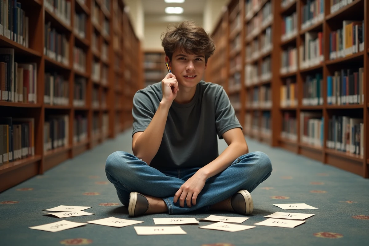 Étudiant entouré de fiches de révision sur les articles et cas grammaticaux de l'allemand dans une bibliothèque