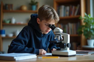 Étudiant lycéen utilisant un microscope optique sur son bureau de travail à domicile entouré de manuels scolaires