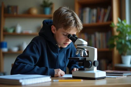 Étudiant lycéen utilisant un microscope optique sur son bureau de travail à domicile entouré de manuels scolaires