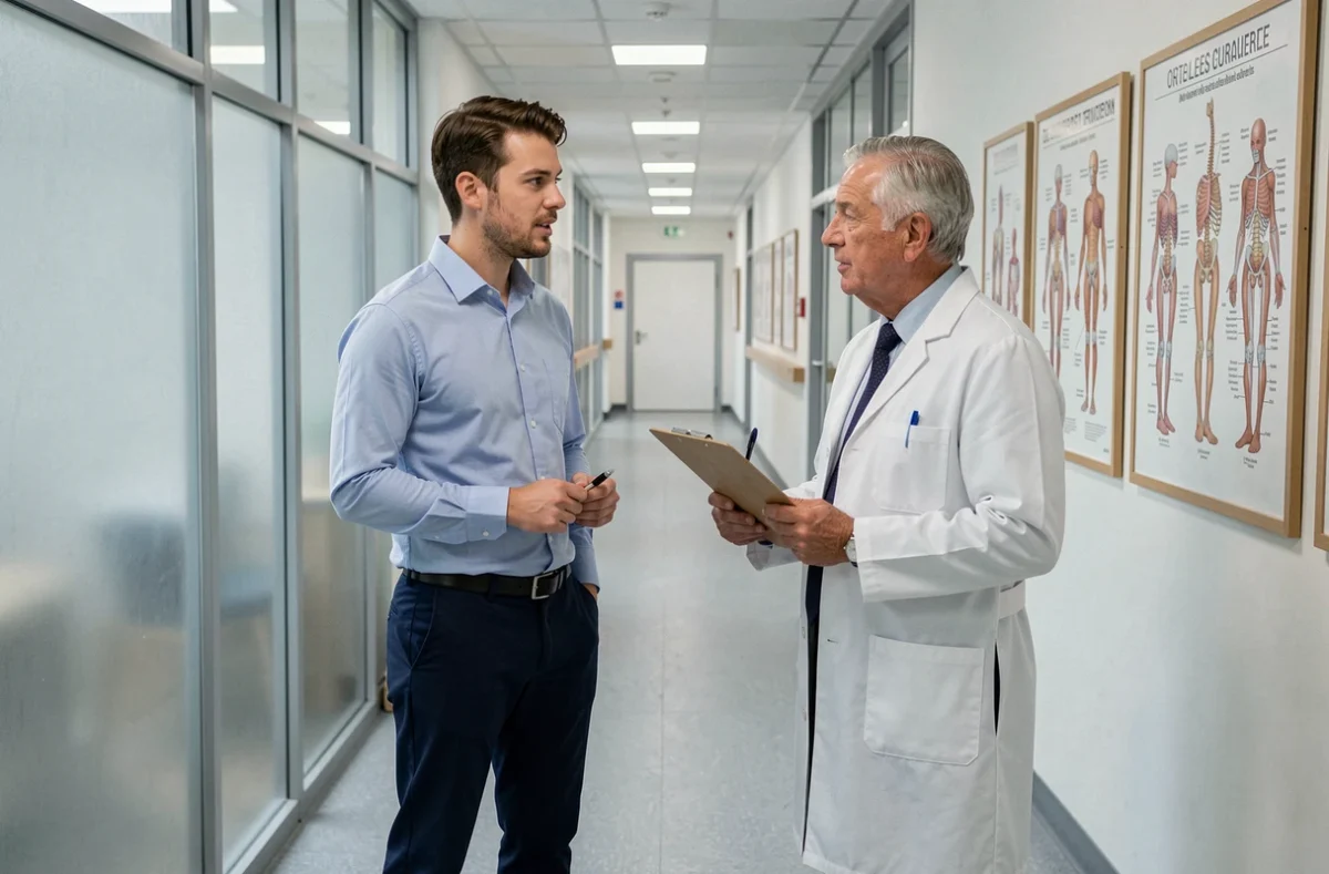 Étudiant en ostéopathie discutant avec un professeur dans le couloir d'une école d'ostéopathie française moderne