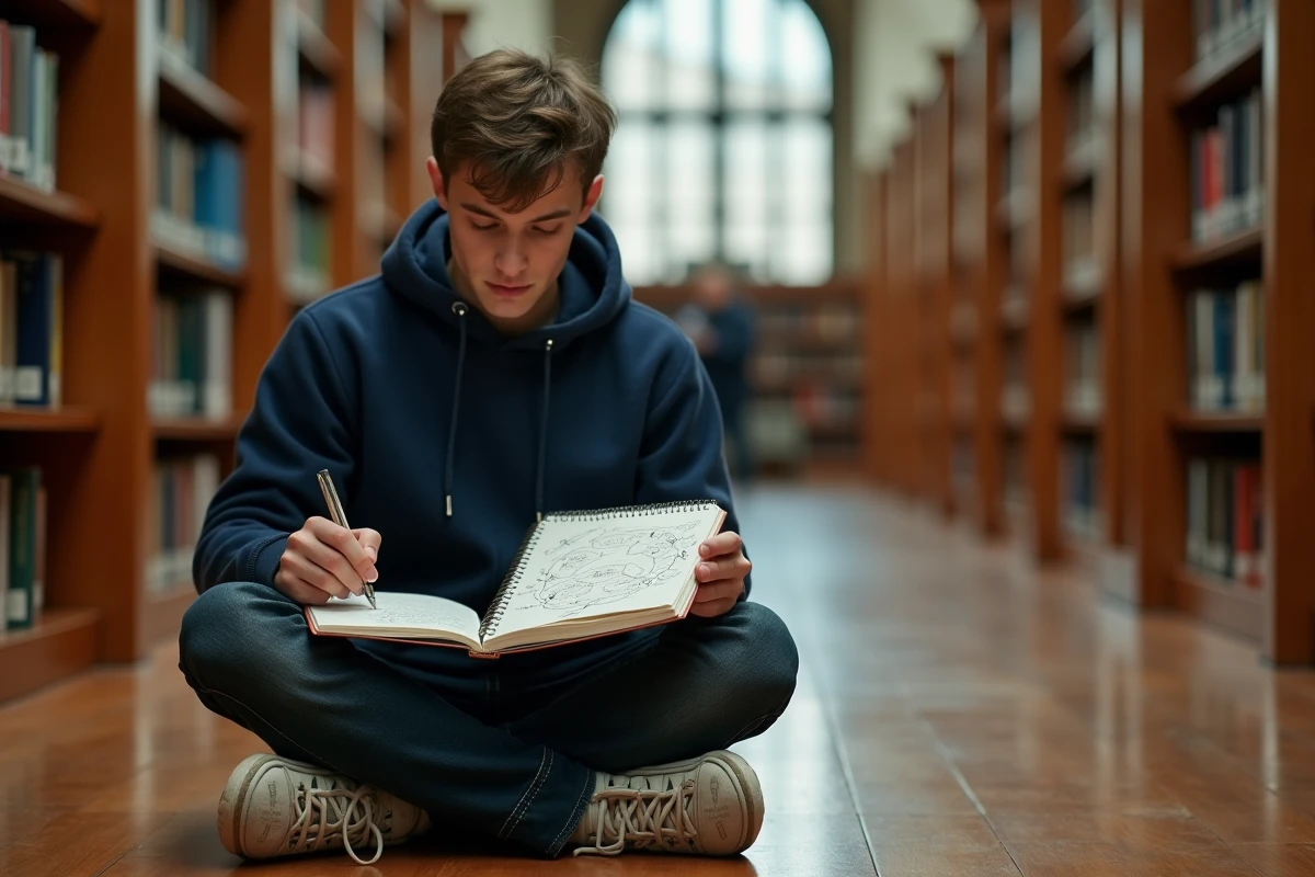 Étudiant en prépa assis dans une bibliothèque universitaire consultant un cahier avec une carte mentale dessinée à la main entre les rayonnages