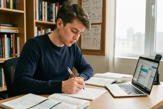 Étudiant en ingénierie révisant avec des documents Solus et des manuels techniques sur son bureau