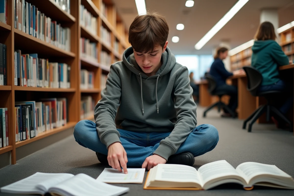 Adolescent révisant la conjugaison du verbe connaître au passé simple entouré de livres de grammaire française dans une bibliothèque