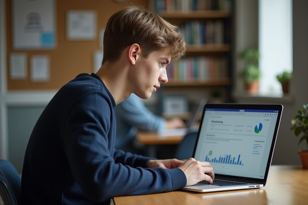 Jeune étudiant français concentré sur son ordinateur portable