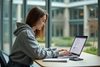 Jeune femme étudiante au bureau dans un campus lumineux