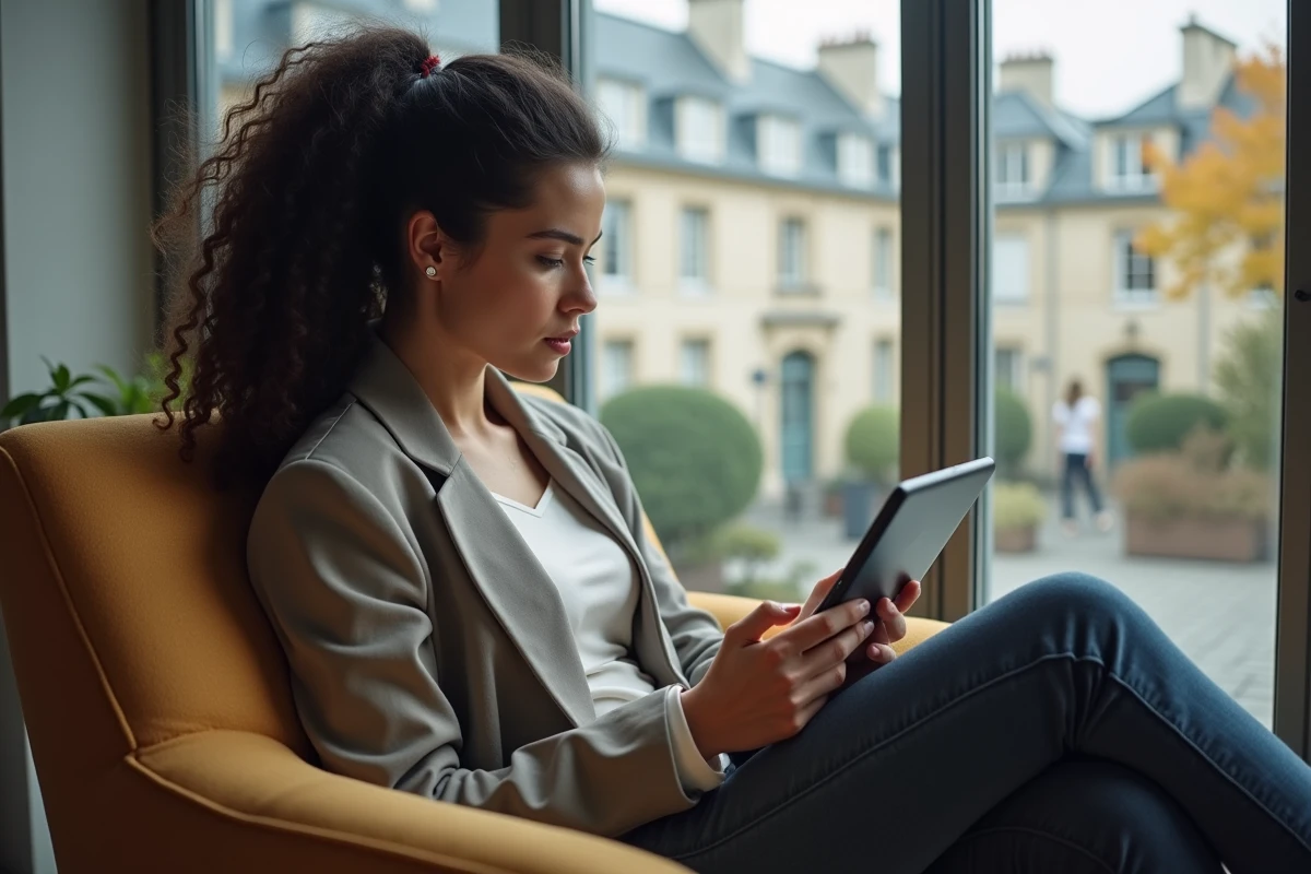 Étudiante assise avec une tablette dans un espace lounge moderne