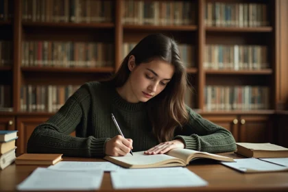 Étudiante rédigeant une dissertation argumentée dans une bibliothèque universitaire entourée de livres et de notes manuscrites