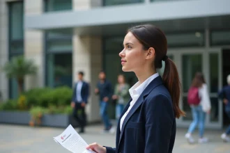 Étudiante devant une grande école d'ingénieurs française tenant un classement SIGEM, illustrant les admissions en alternance 2026