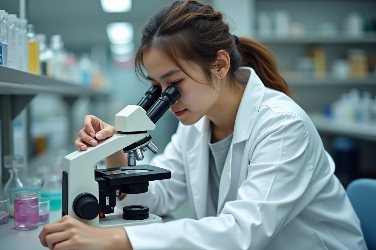 Étudiante en sciences utilisant un microscope binoculaire dans un laboratoire universitaire de biologie