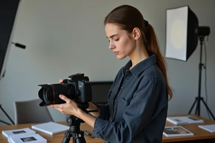Étudiante en photographie réglant un appareil photo sur trépied dans un studio de cours à Toulouse