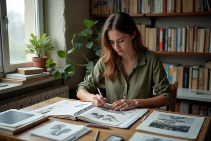 Jeune étudiante en art composant son portfolio pour l'école des Gobelins dans un appartement parisien étudiant