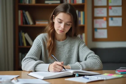 Étudiante en classe préparatoire annotant activement son cahier de cours sur un bureau en bois avec des surligneurs et des intercalaires colorés