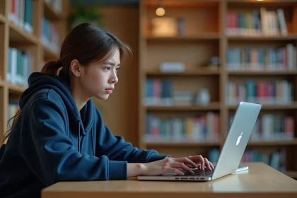 Étudiante universitaire frustrée devant un écran d'erreur de connexion ENT sur son ordinateur portable en bibliothèque
