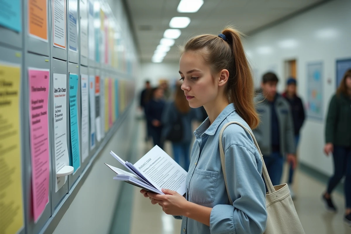 Étudiante consultant un tableau d'affichage universitaire avec des annonces de clubs et de programmes Erasmus