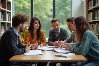 Groupe d'étudiants en discussion dans une bibliothèque moderne