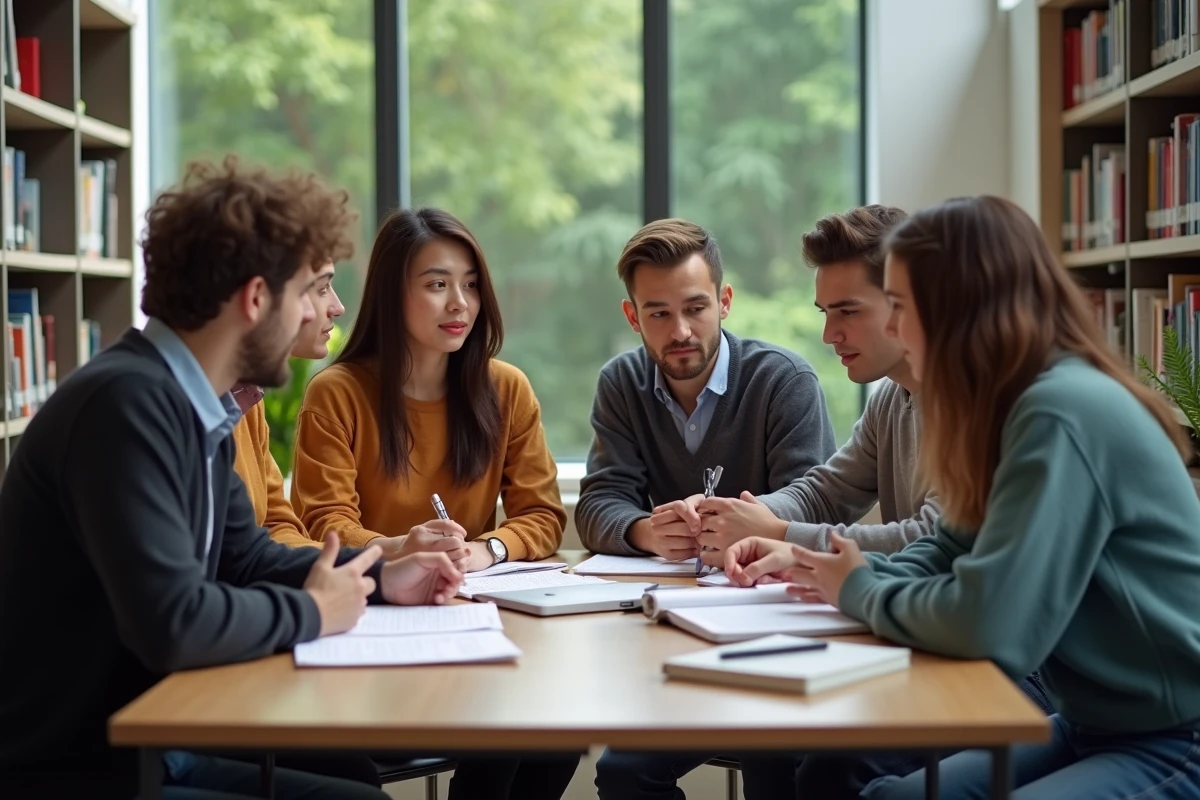 Groupe d'étudiants en discussion dans une bibliothèque moderne