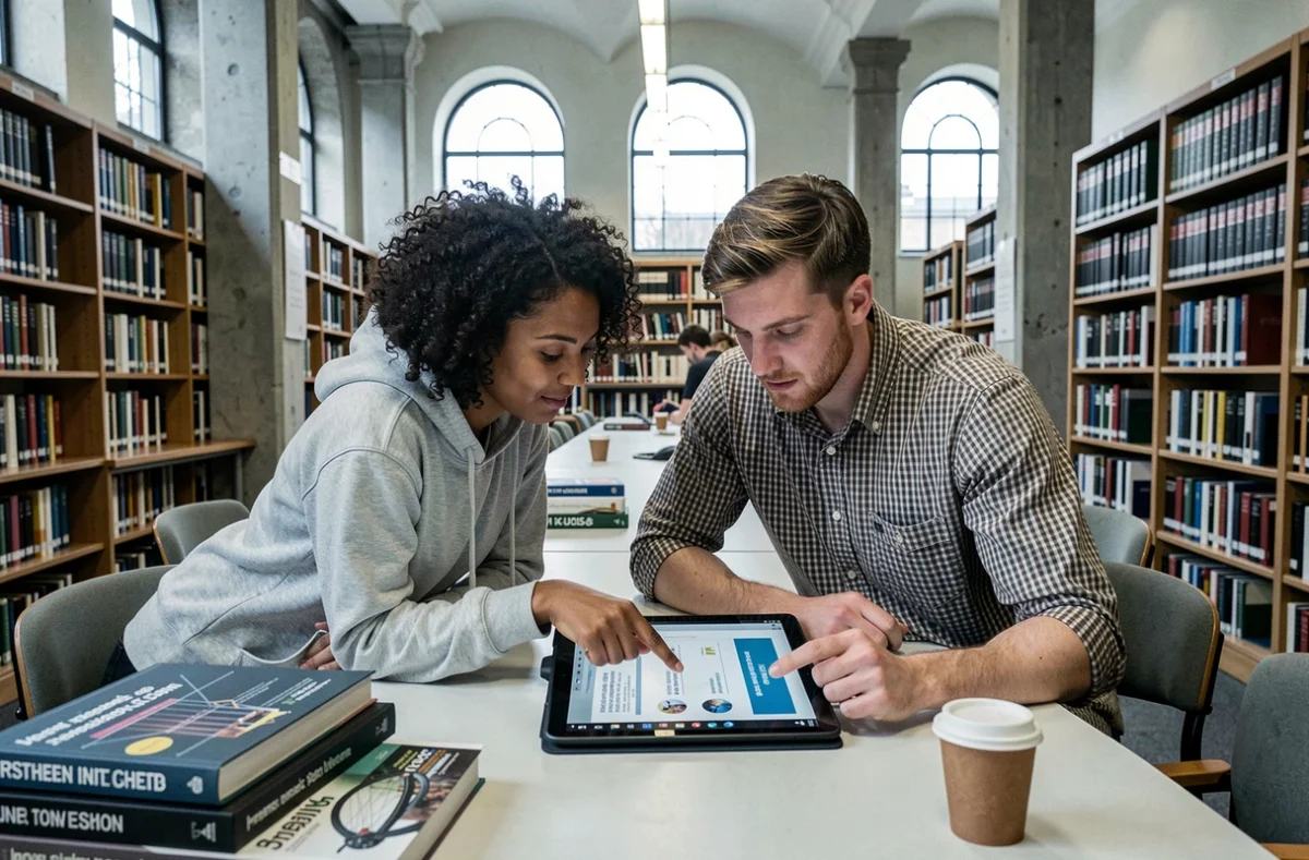 Deux étudiants consultant une bibliothèque de documents Solus en préparation d'un concours d'ingénieur en bibliothèque universitaire