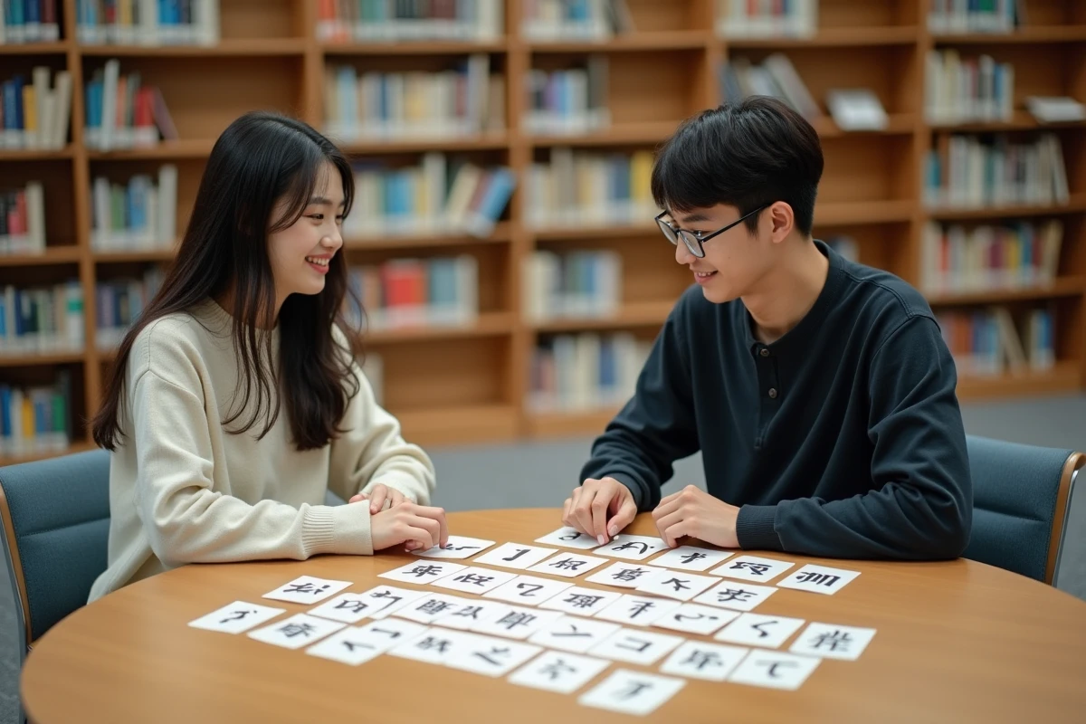 Deux étudiants en bibliothèque comparant des fiches de vocabulaire japonais et chinois pour choisir quelle langue asiatique apprendre